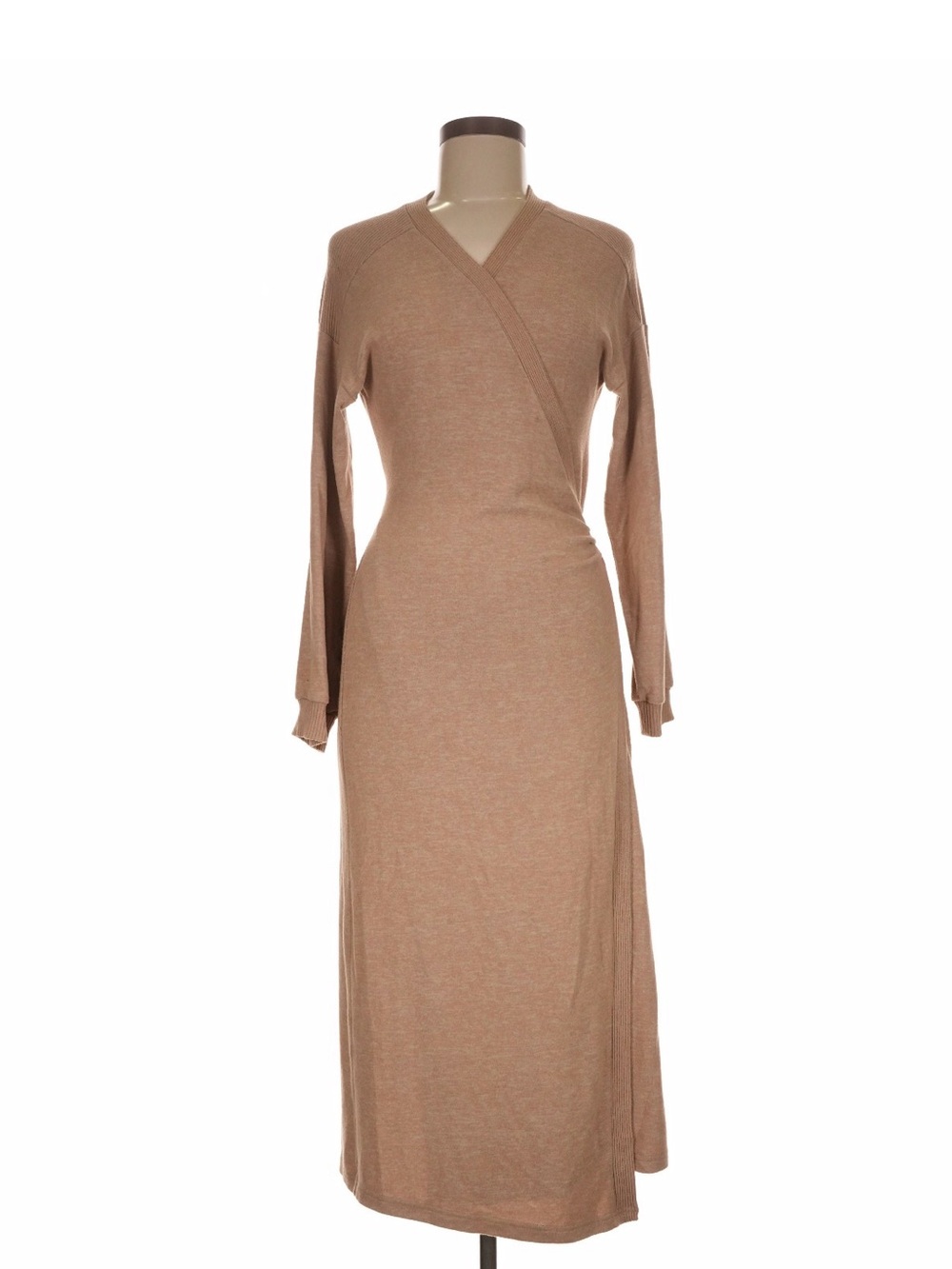 Anthropologie Tan Wrap-Front Long Sleeve Maxi Dress